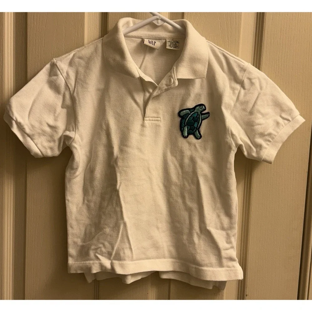 Vintage 90s GAP Polo Shirt White With Turtle Patch‎ Kids Size Small